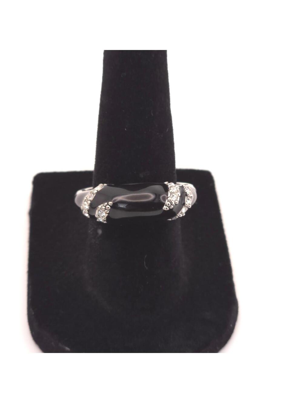 Vintage NRT Black Enamel Ring Silver Tone Chunky Statement Band Size 6.5